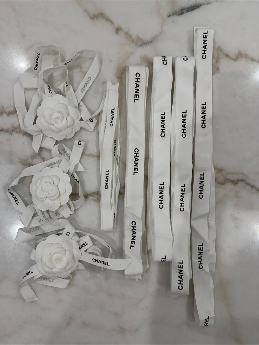CHANEL White Ribbon Ties with White Camellia Flowers